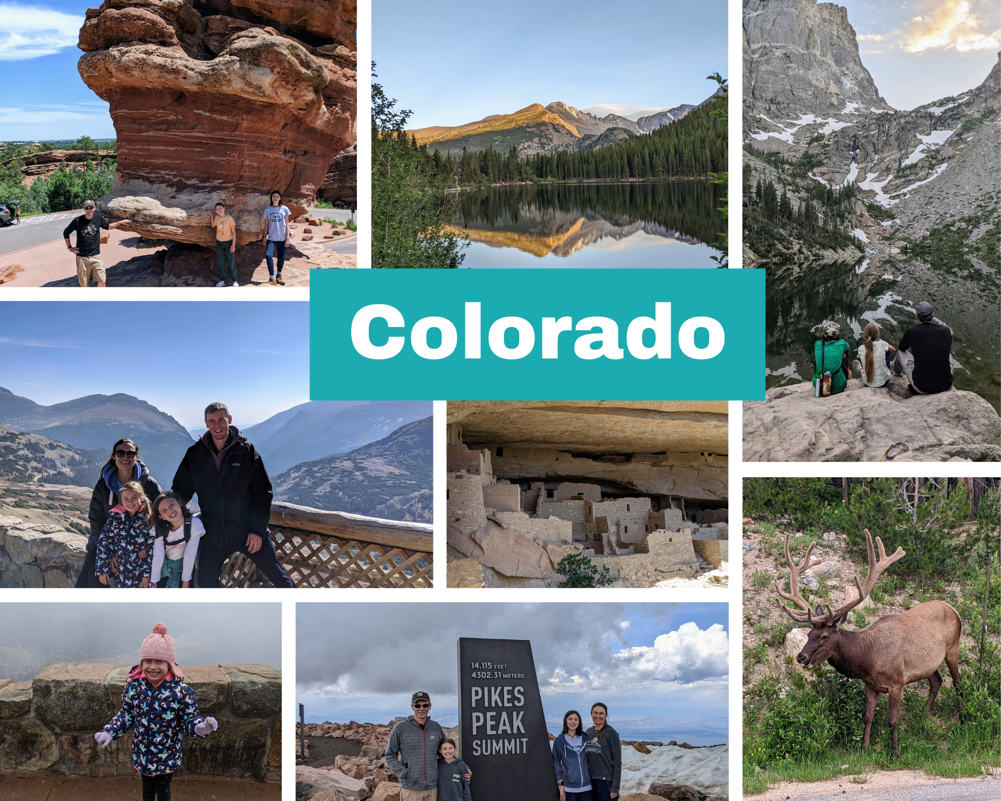 Colorado family travel collage featuring Rocky Mountain National Park, elk wildlife, Pikes Peak summit, snowy mountain fun, Bear Lake, Emerald Lake, and Mesa Verde National Park.