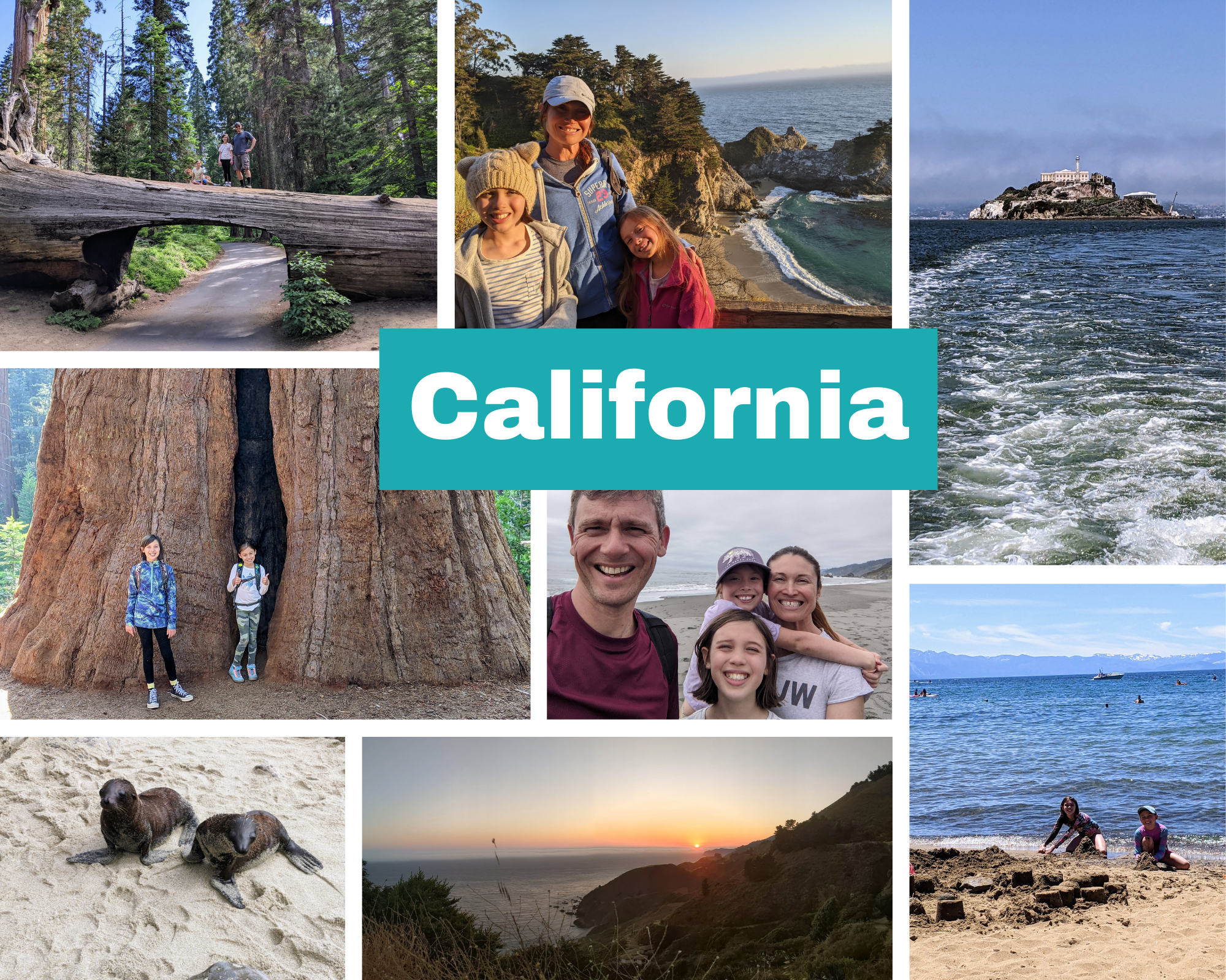 California travel collage featuring iconic landscapes, national parks, and family-friendly destinations across the state.
