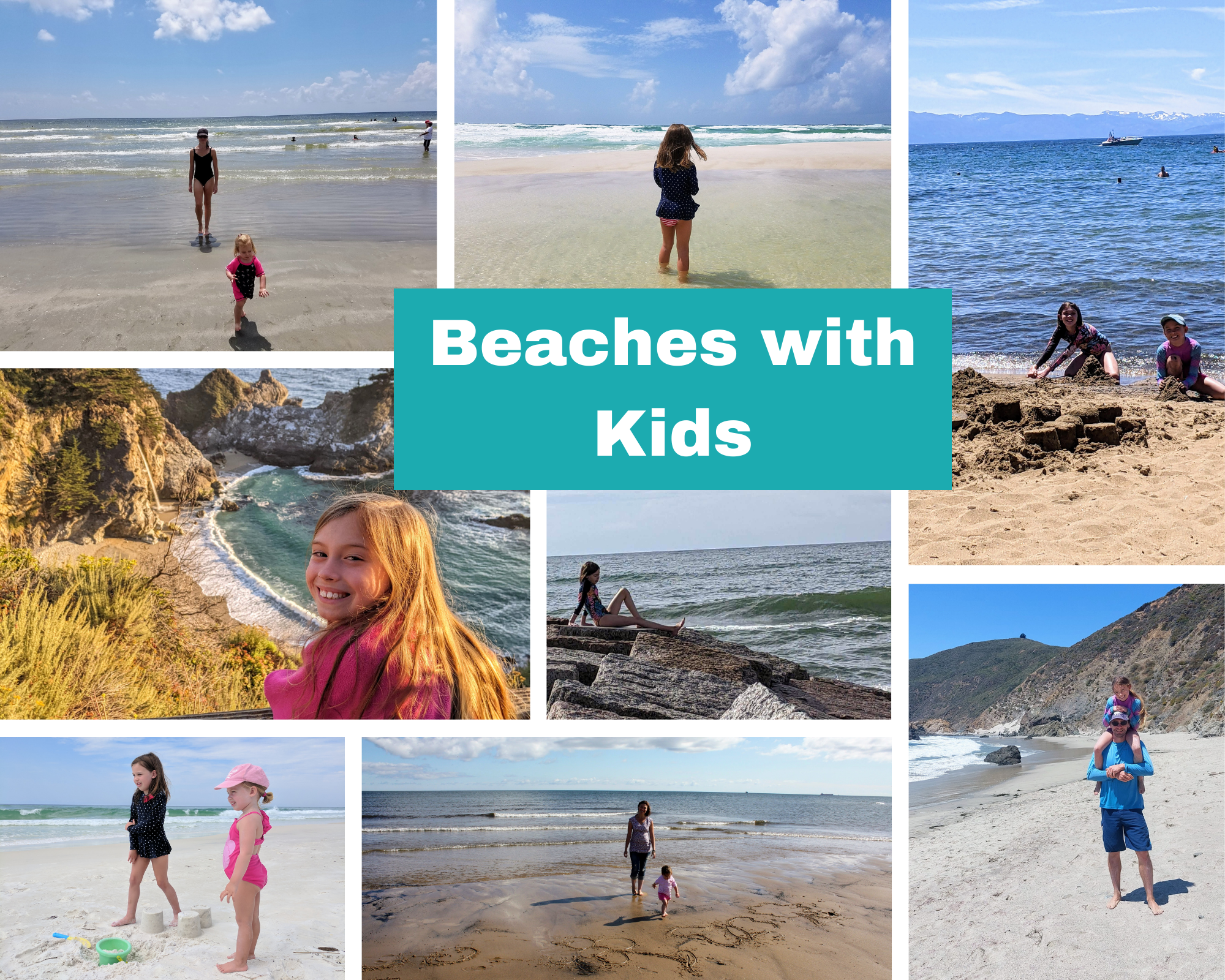 Collage of real family beach vacations showing parents and children at rocky and sandy beaches, playing in the water, building sandcastles, and exploring the coast.
